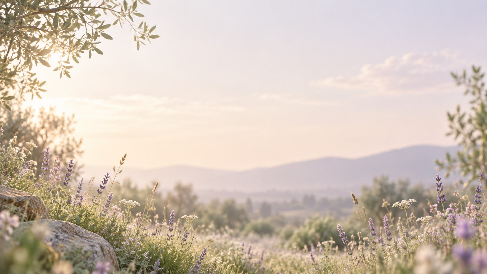 Lavender and wildflowers in a softly lit mountain meadow